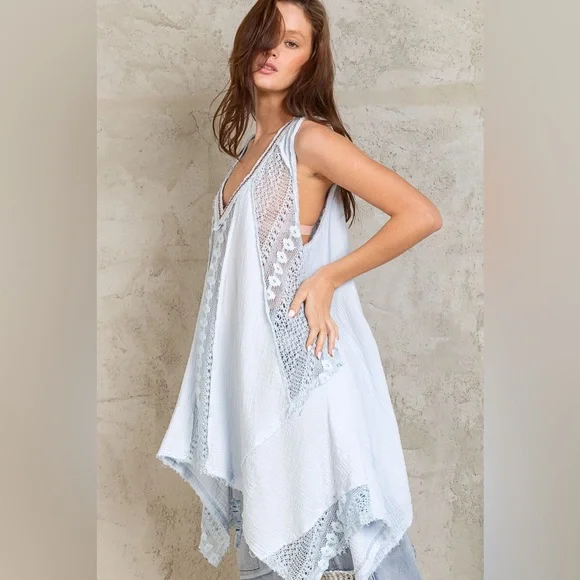 POL Bohemian Sky Blue Crochet Lace Tunic Top - Picture 3 of 4